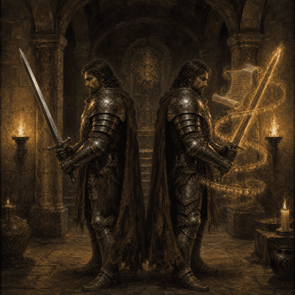 GameLit vs LitRPG — two knights, one plain and one surrounded by golden runes