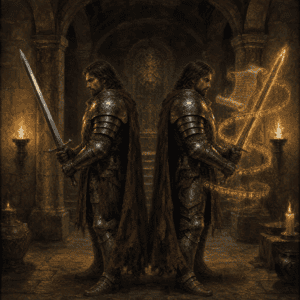 GameLit vs LitRPG — two knights, one plain and one surrounded by golden runes