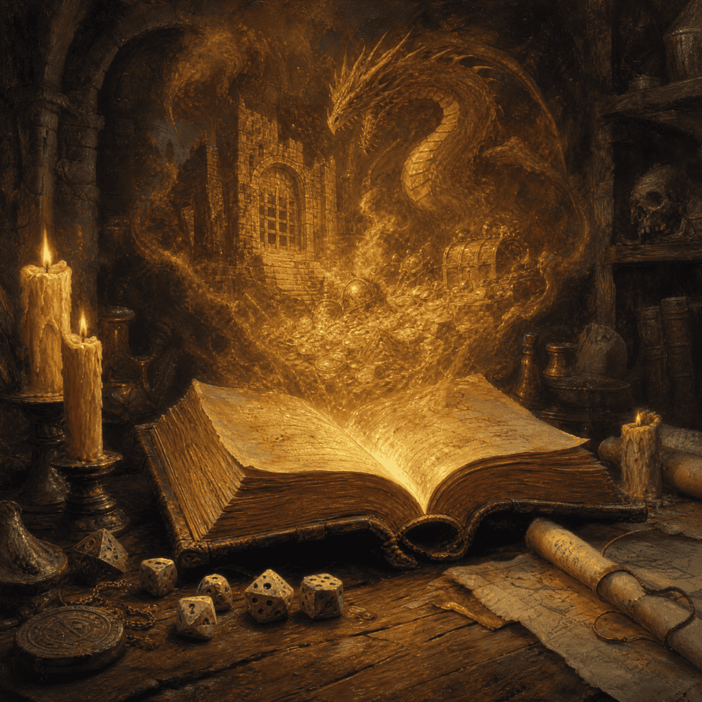 LitRPG books guide — glowing tome with arcane runes in a candlelit study