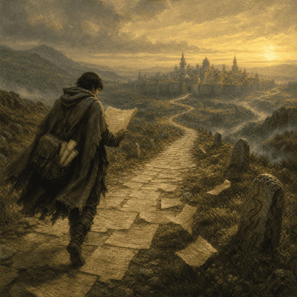LitRPG web novels — traveler on a road of parchment pages toward a distant city