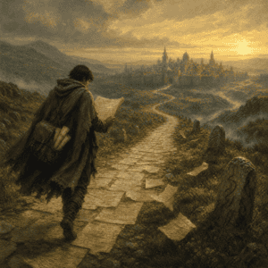 LitRPG web novels — traveler on a road of parchment pages toward a distant city