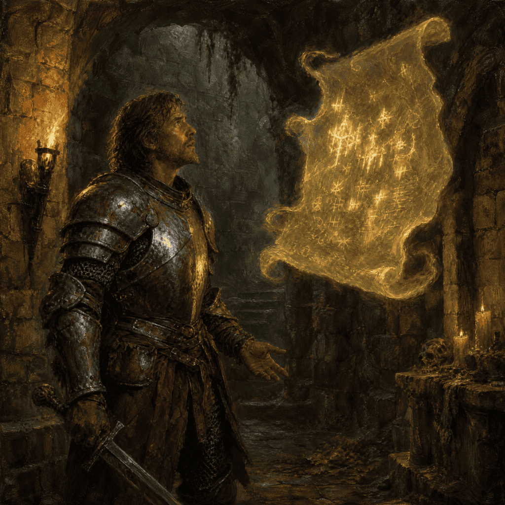 What is LitRPG — adventurer reading a spectral rune parchment in a dungeon