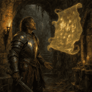 What is LitRPG — adventurer reading a spectral rune parchment in a dungeon