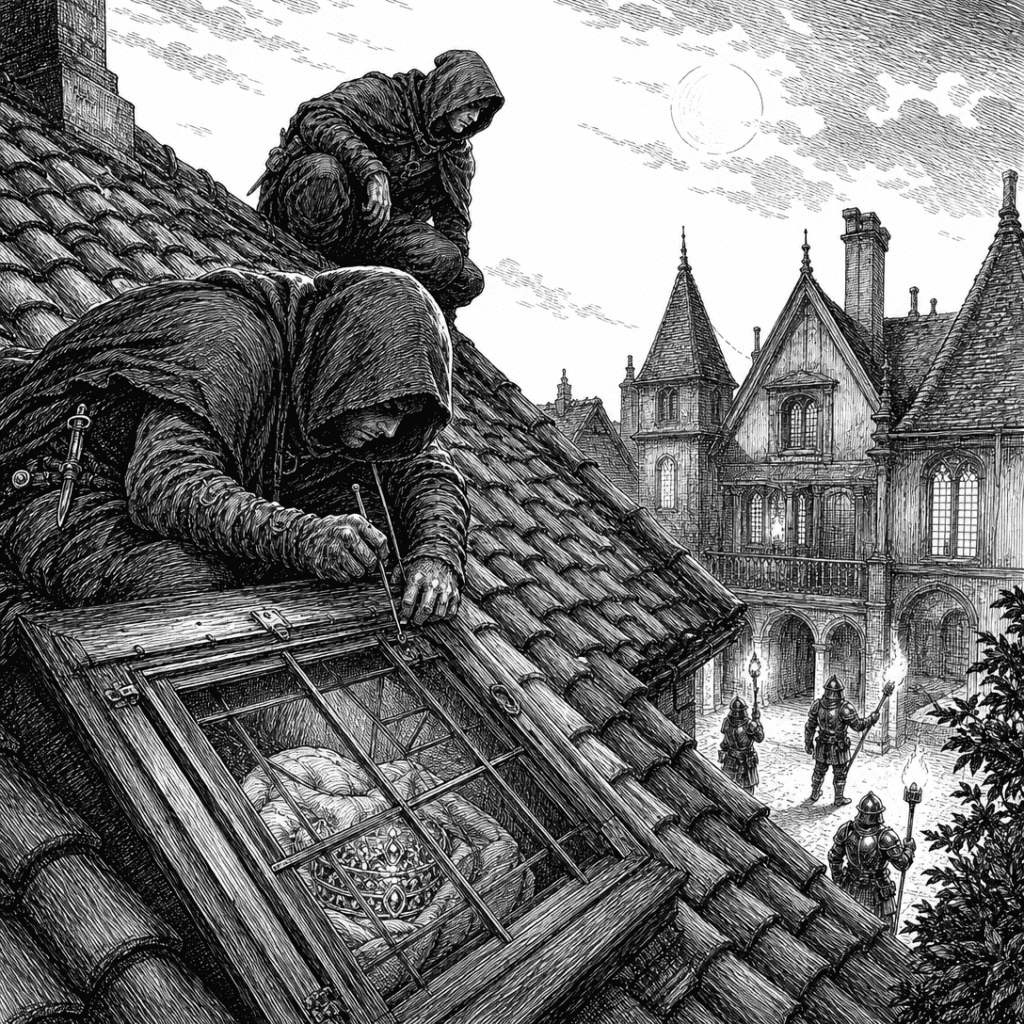 Best D&D heist one-shots: two hooded rogues picking a skylight lock on a rooftop above a torchlit, guarded manor courtyard