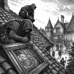 Best D&D heist one-shots: two hooded rogues picking a skylight lock on a rooftop above a torchlit, guarded manor courtyard