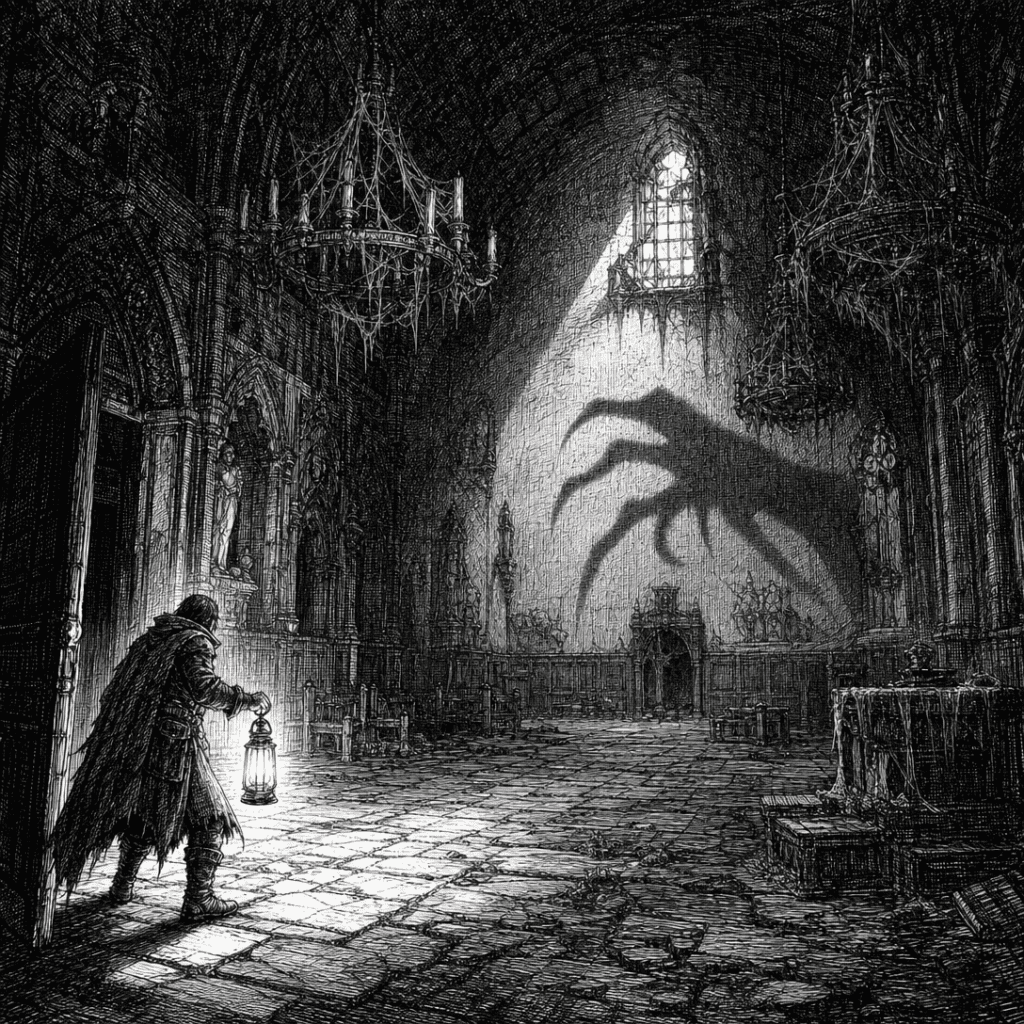 Best D&D horror one-shots: a lone adventurer with a lantern facing a looming clawed shadow in a derelict haunted hall