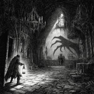 Best D&D horror one-shots: a lone adventurer with a lantern facing a looming clawed shadow in a derelict haunted hall