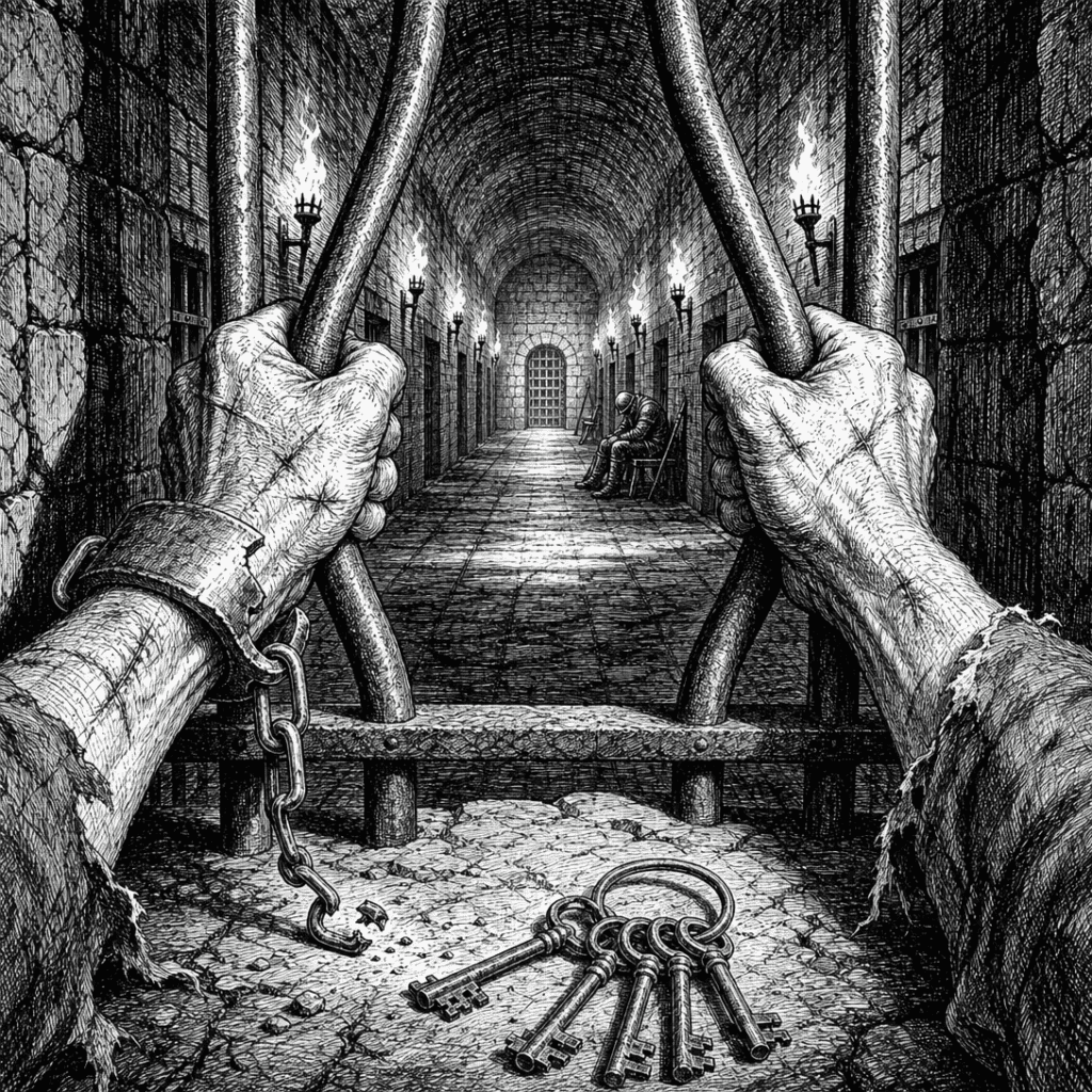 Best D&D prison break one-shots: a prisoner's hands bending iron cell bars beside a broken shackle in a torchlit dungeon