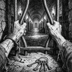 Best D&D prison break one-shots: a prisoner's hands bending iron cell bars beside a broken shackle in a torchlit dungeon