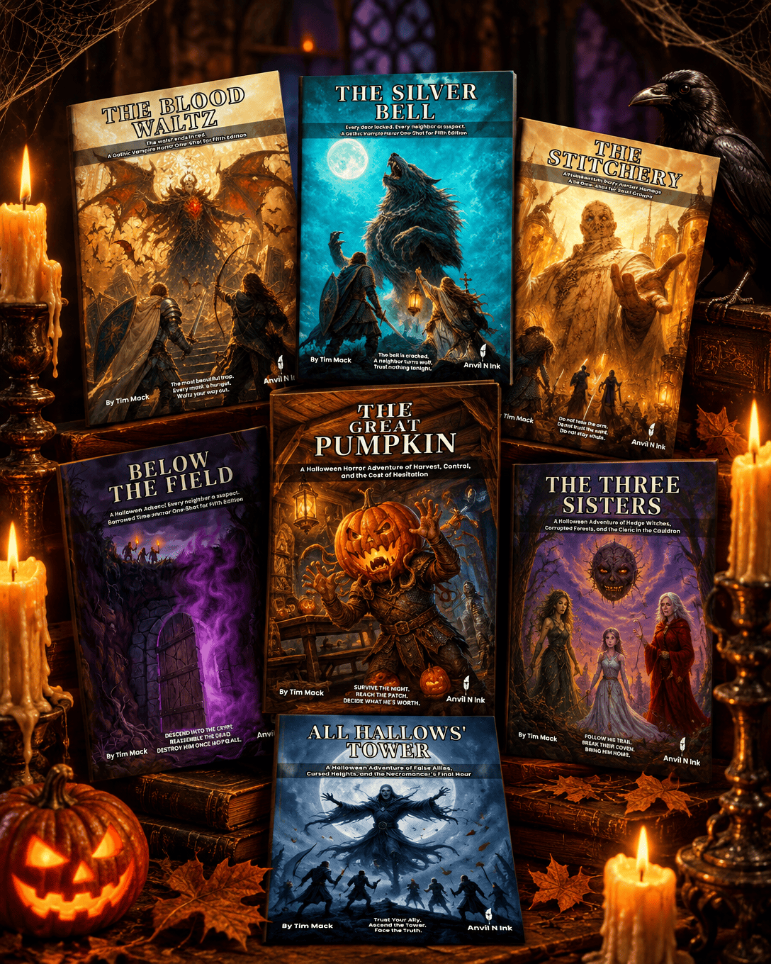 The eight Halloween Horror Vault adventures displayed by candlelight