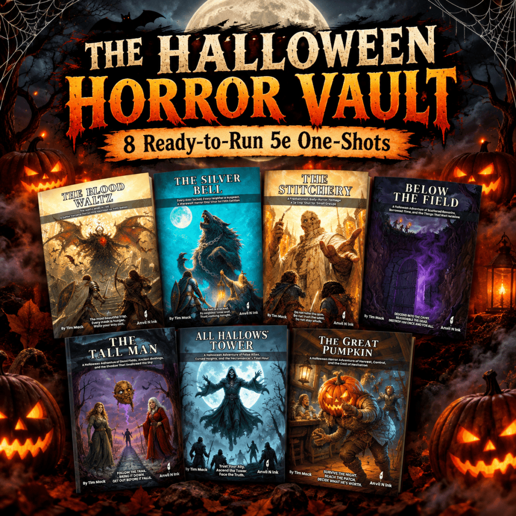 The Halloween Horror Vault bundle cover, 8 ready-to-run 5e Halloween one-shots