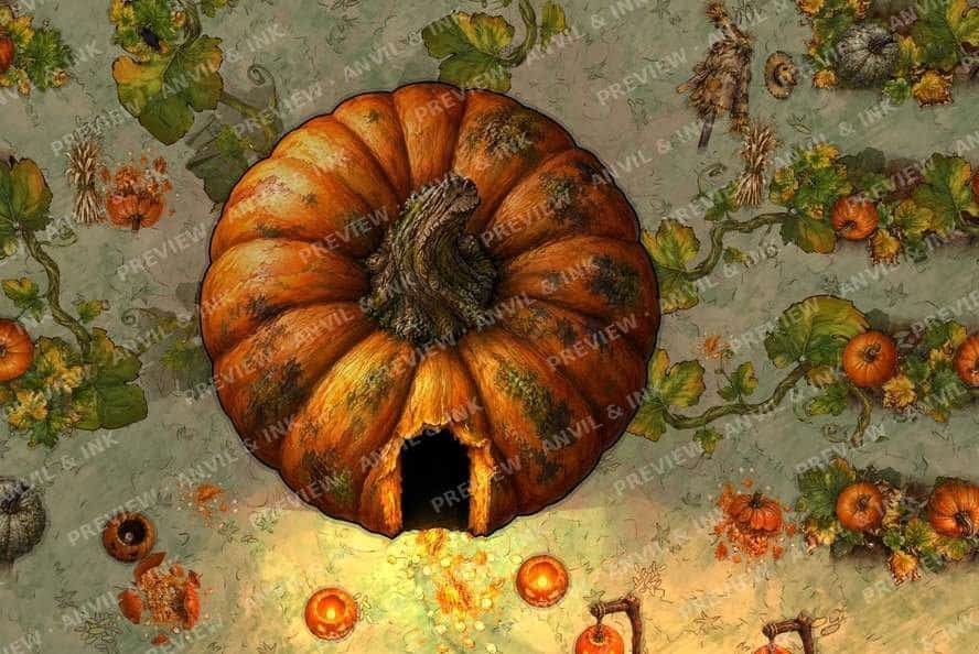 Close-up of the Great Pumpkin battle map: a giant pumpkin with a glowing doorway, surrounded by vines and jack-o'-lanterns