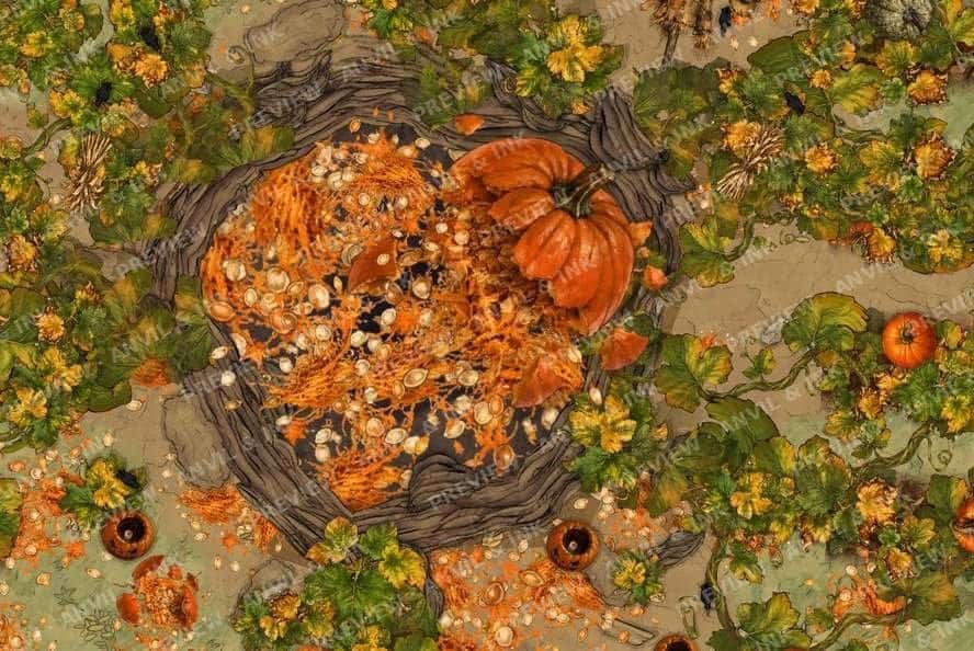 Close-up of the pumpkin crater at dawn: smashed giant pumpkin rind and seeds scattered across churned earth
