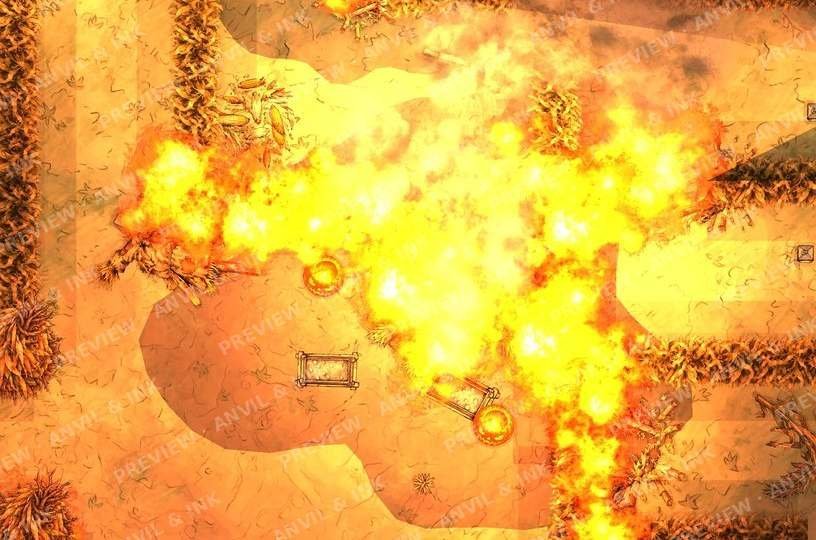Close-up of the burning corn maze battle map, with fire spreading along the corn walls