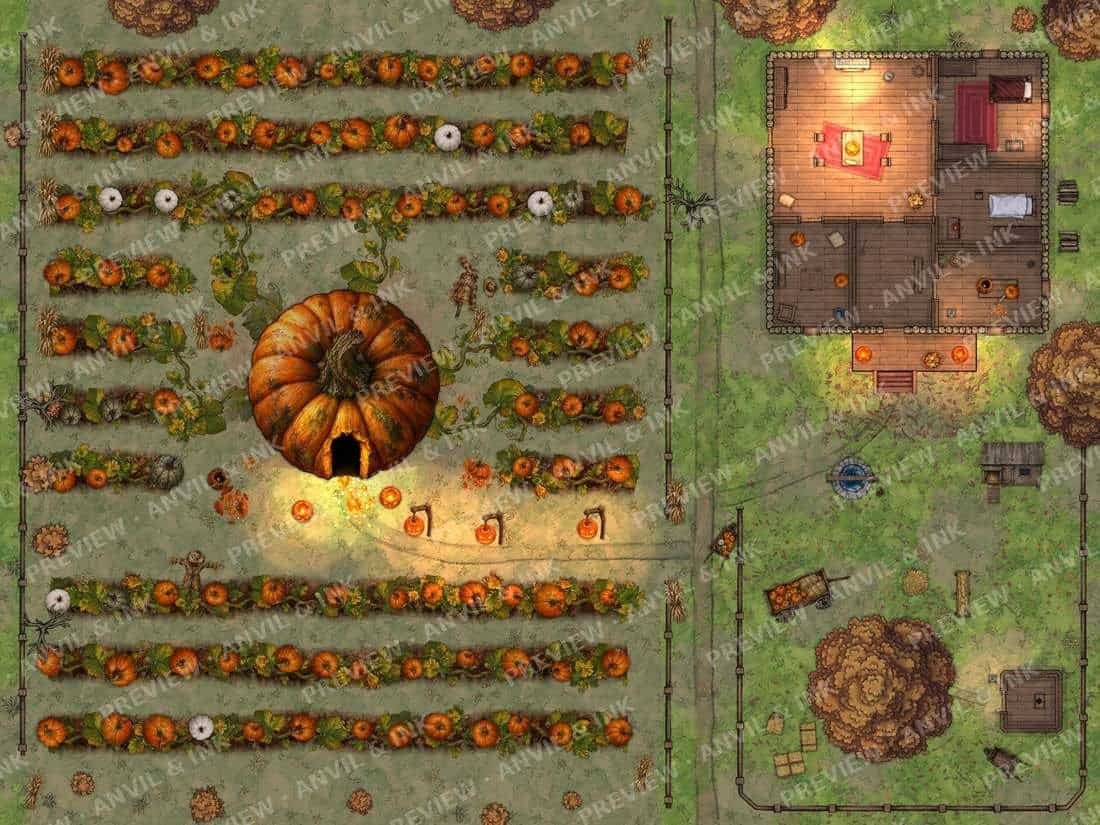 Halloween battle map of a pumpkin patch at night with the Great Pumpkin, a farmhouse and lantern-lit rows, from The Long Night of Hallowmere
