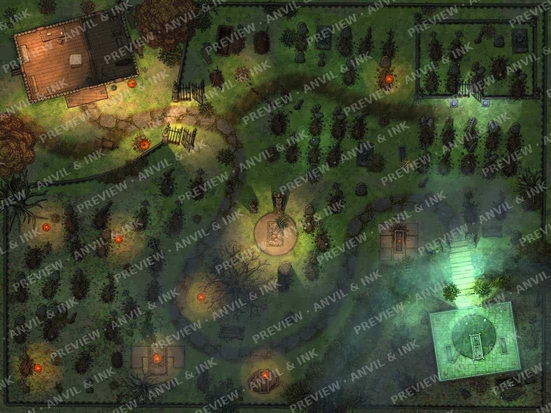 Haunted churchyard battle map at midnight with open graves, a weeping angel and a glowing green mausoleum