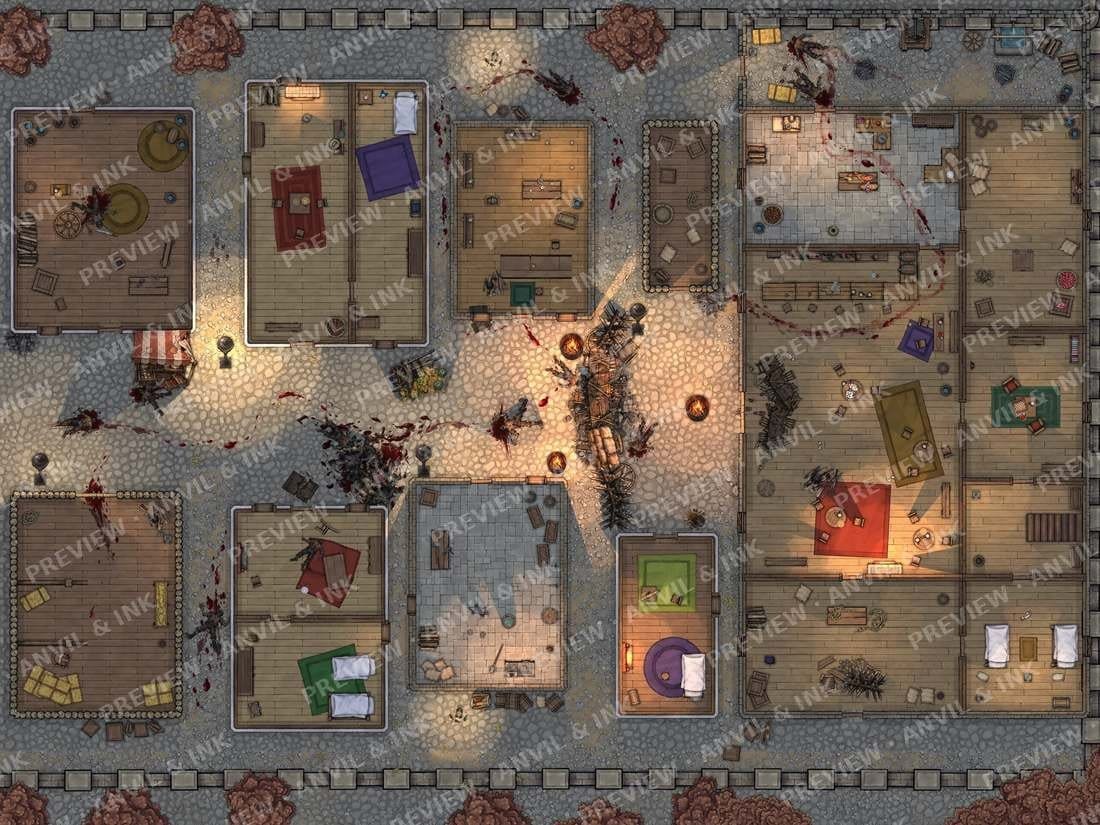 Zombie siege battle map of a village street with barricades, fire barrels and the Last Call inn