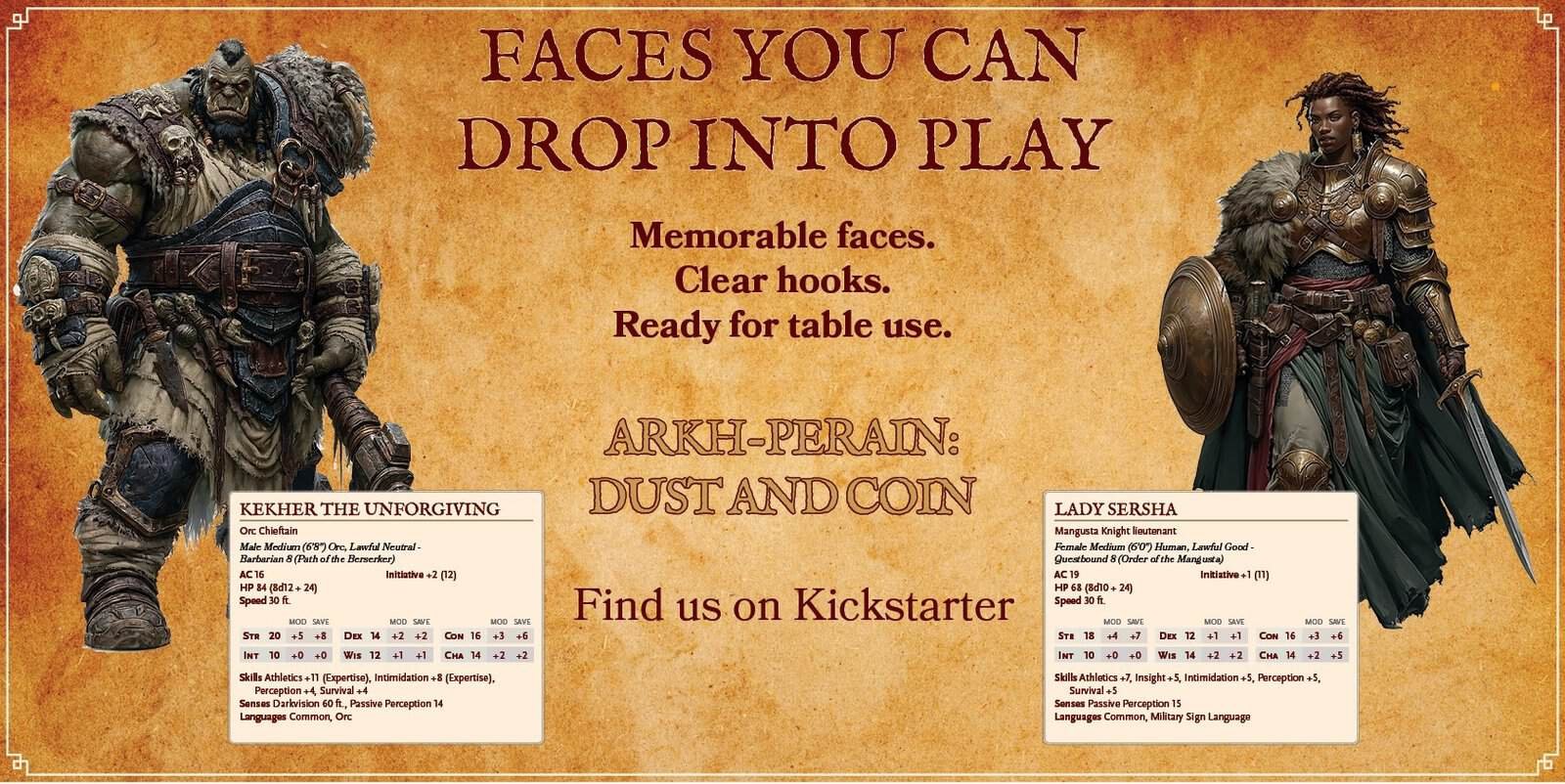 Ready-to-use NPCs featured in Arkh-Perain: Dust and Coin