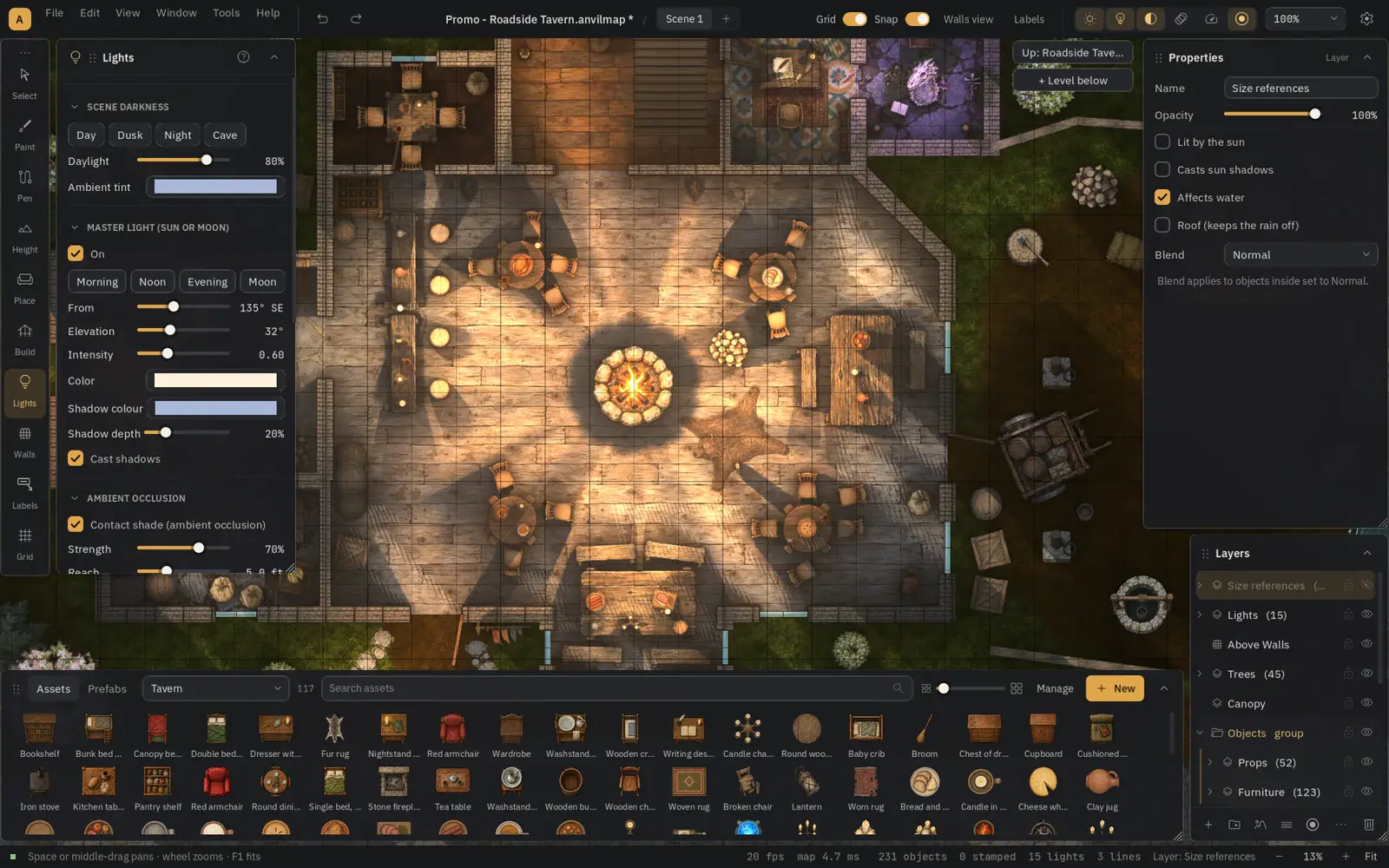 Ink Hammer battle map maker showing a finished, lit battle map in the editor