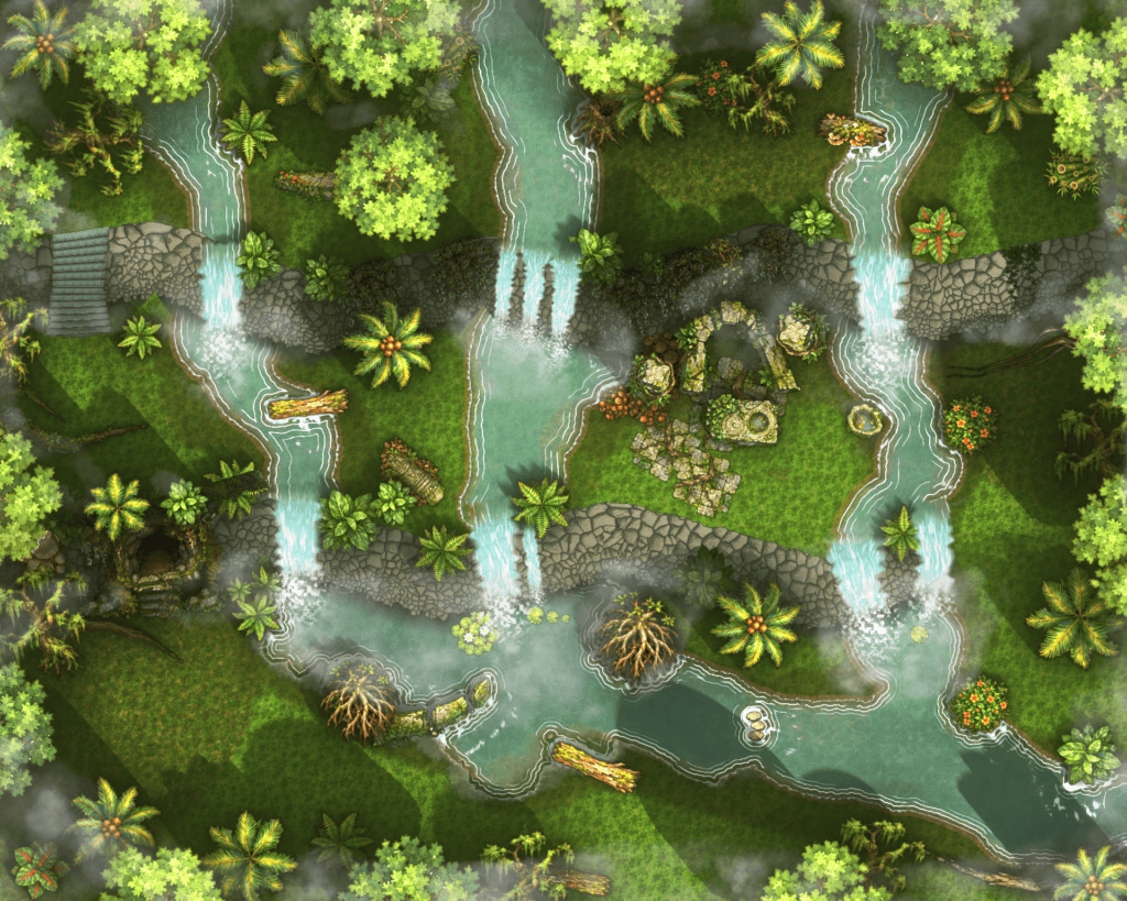 Jungle of Falls battle map with cliffs and waterfalls, made in Ink Hammer