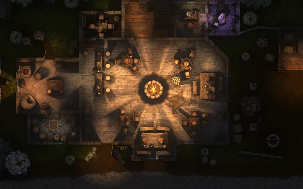 Night battle map lit by torches with real-time shadows in Ink Hammer