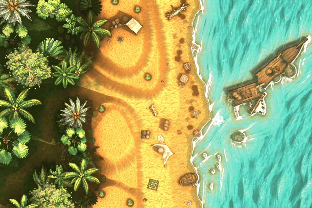 Shipwreck Beach battle map with ocean, coast and a wrecked ship, made in Ink Hammer