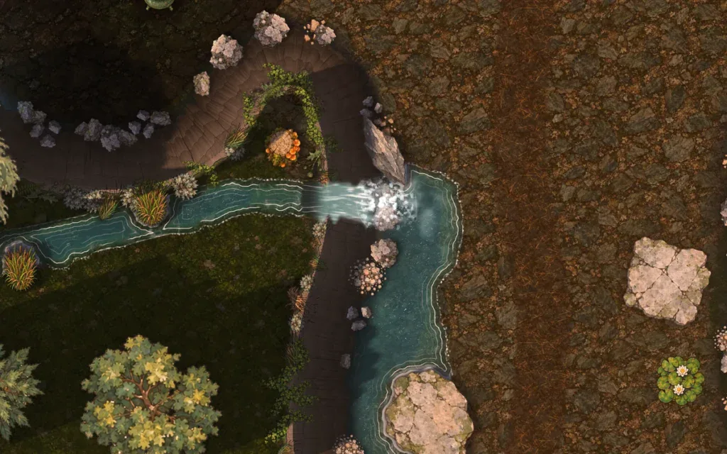 River and waterfall with foam around rocks on an Ink Hammer battle map