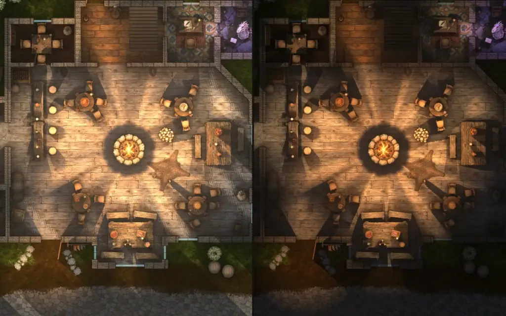 The same battle map shown by day and by night using Ink Hammer scenes