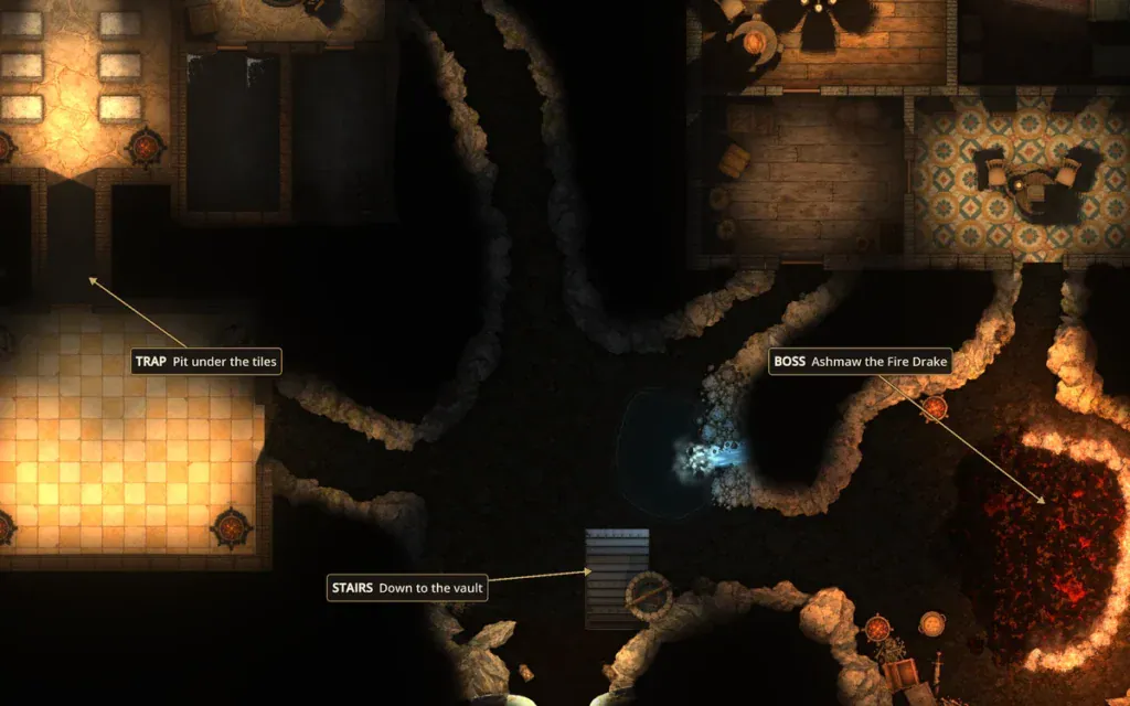 Dungeon battle map with DM labels and arrows marking a trap, boss and stairs