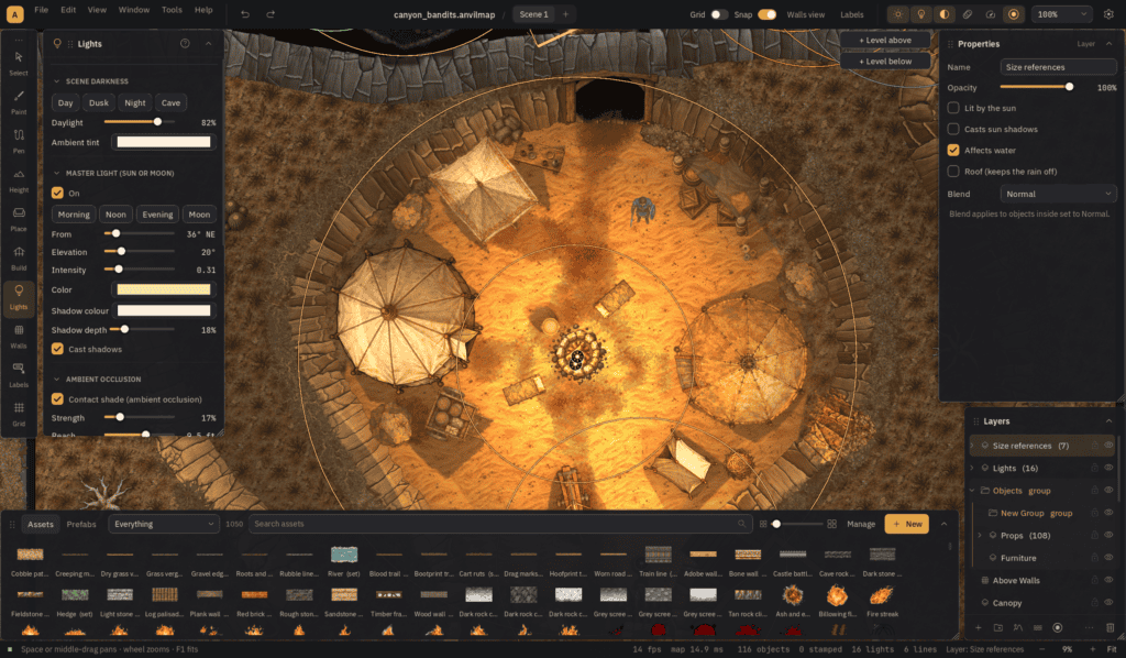 Ink Hammer light controls panel with presets and light settings