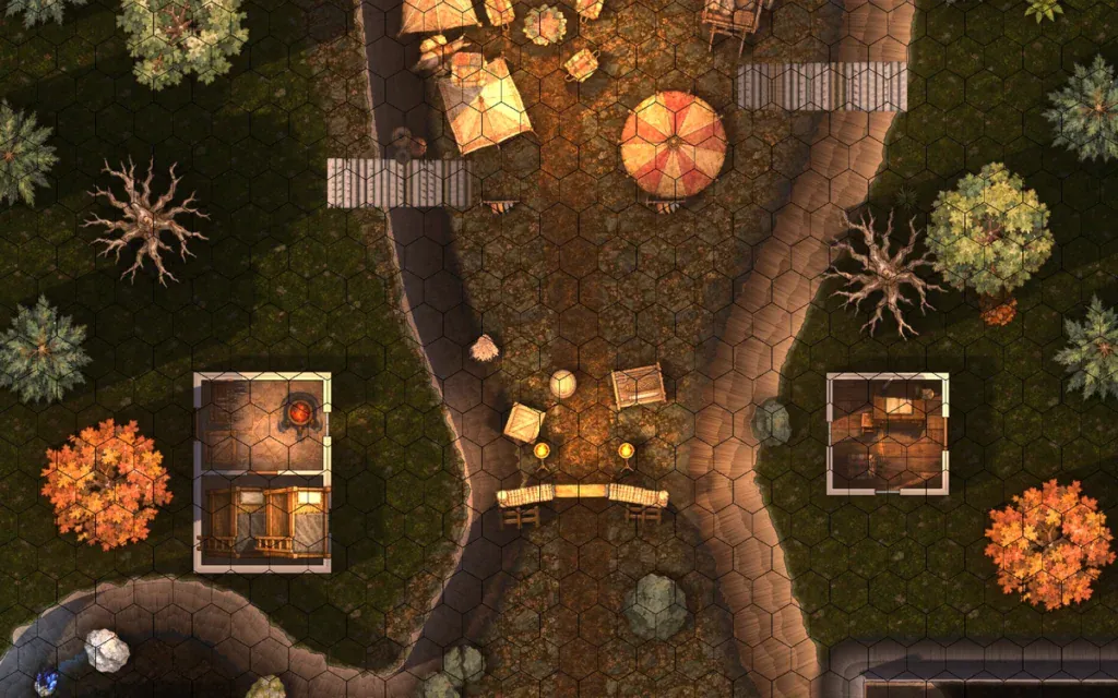 Outdoor battle map on a hex grid made in Ink Hammer