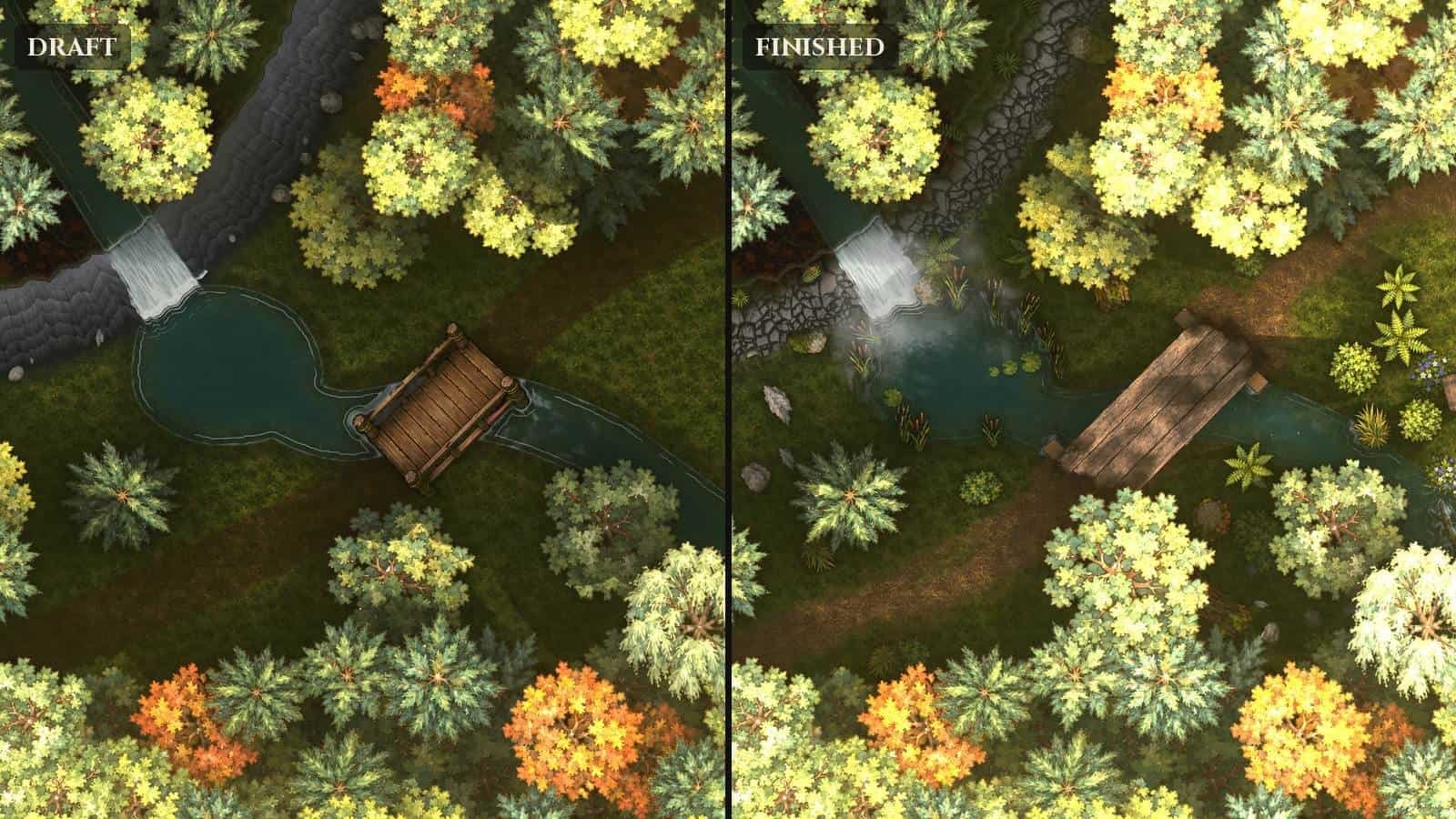 An AI-drafted battle map next to the hand-finished version in Ink Hammer