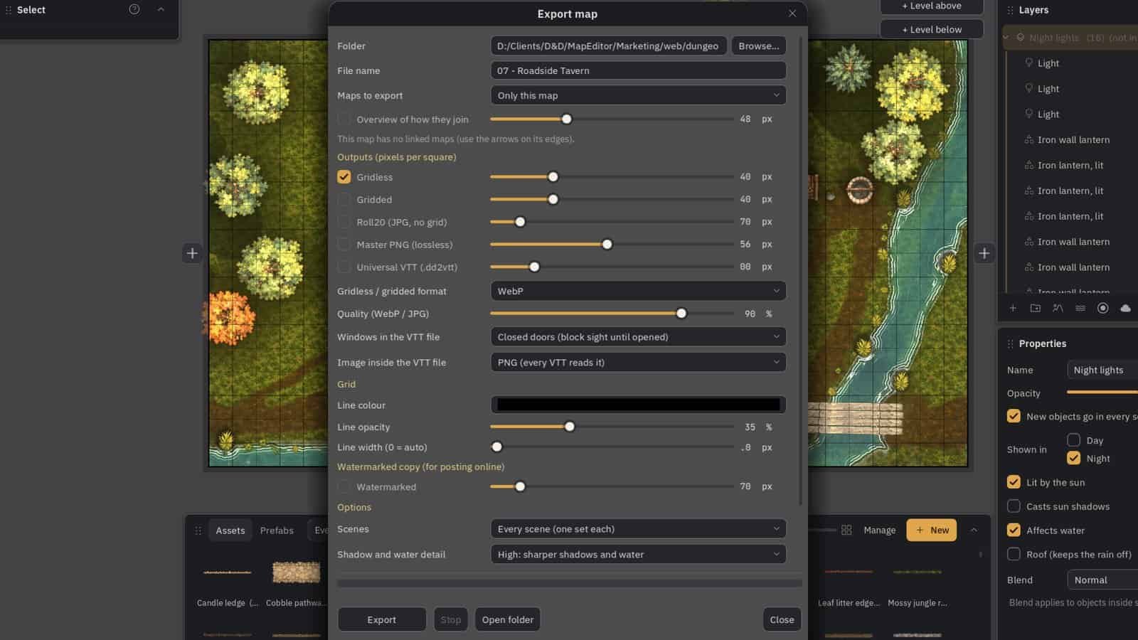 Battle map export settings with gridded WebP, Roll20 JPG and master PNG