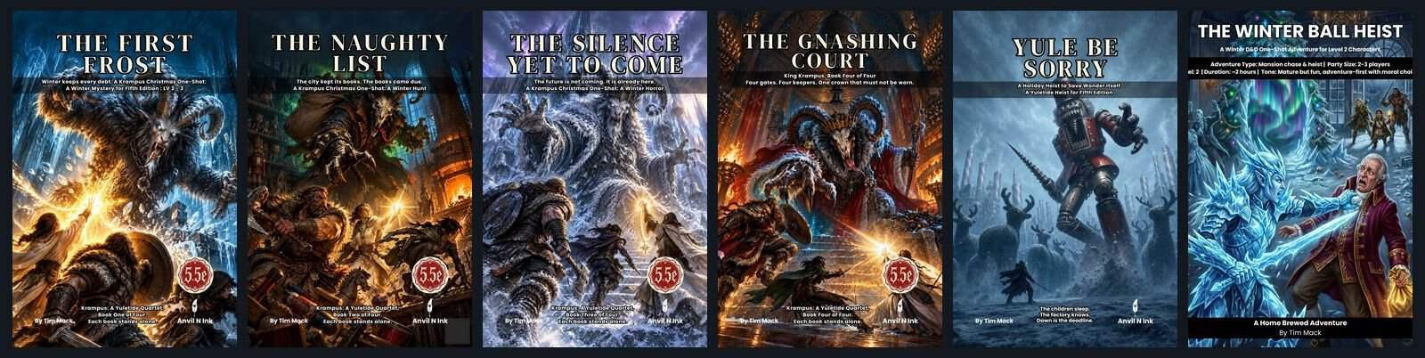 Covers of Christmas DnD one-shots: the four Krampus books, Yule Be Sorry and The Winter Ball Heist