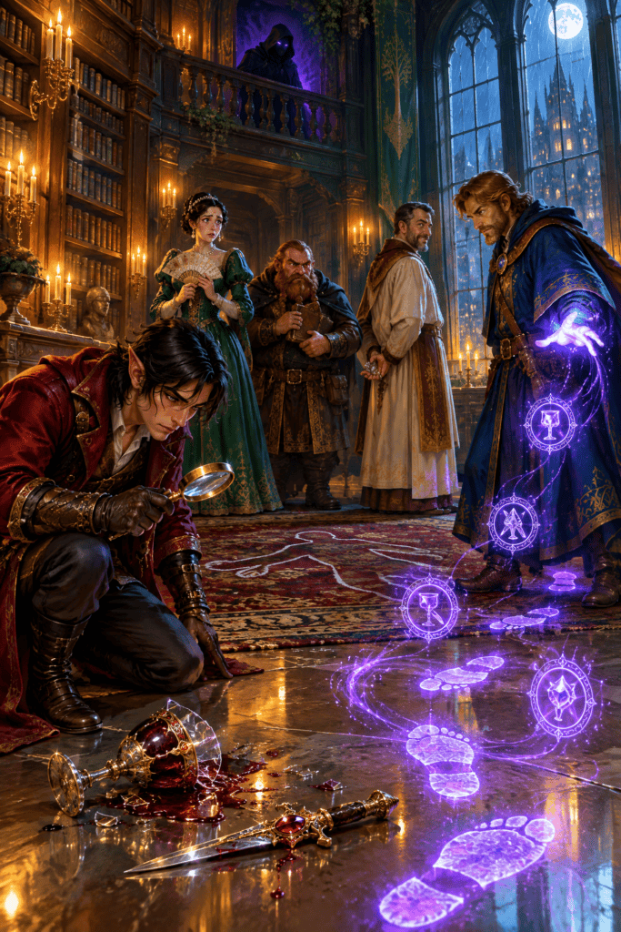 Two adventurers investigate a murder in a candlelit manor library while three suspects watch, for D&D murder mystery one-shots