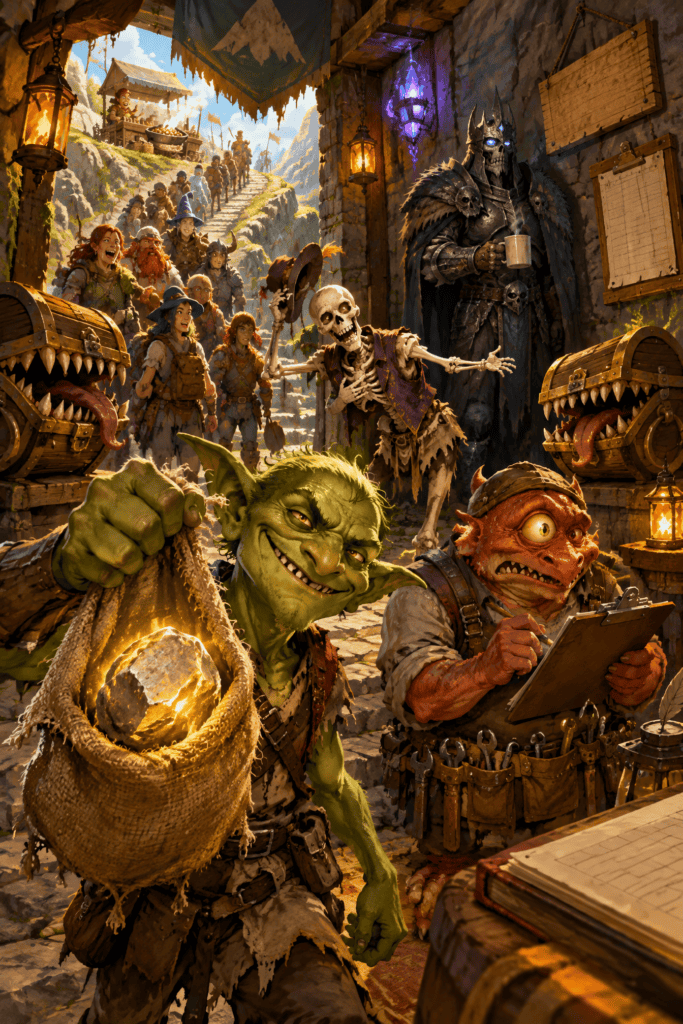 A goblin holding a glowing dungeon core stone in a sack, with a kobold foreman, a bowing skeleton and two mimics, from the Legend of the Dungeon Core Landlord series