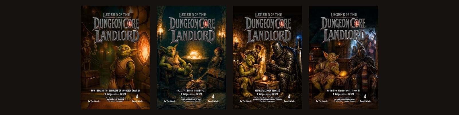 Legend of the Dungeon Core Landlord Books 1 to 4 covers in reading order
