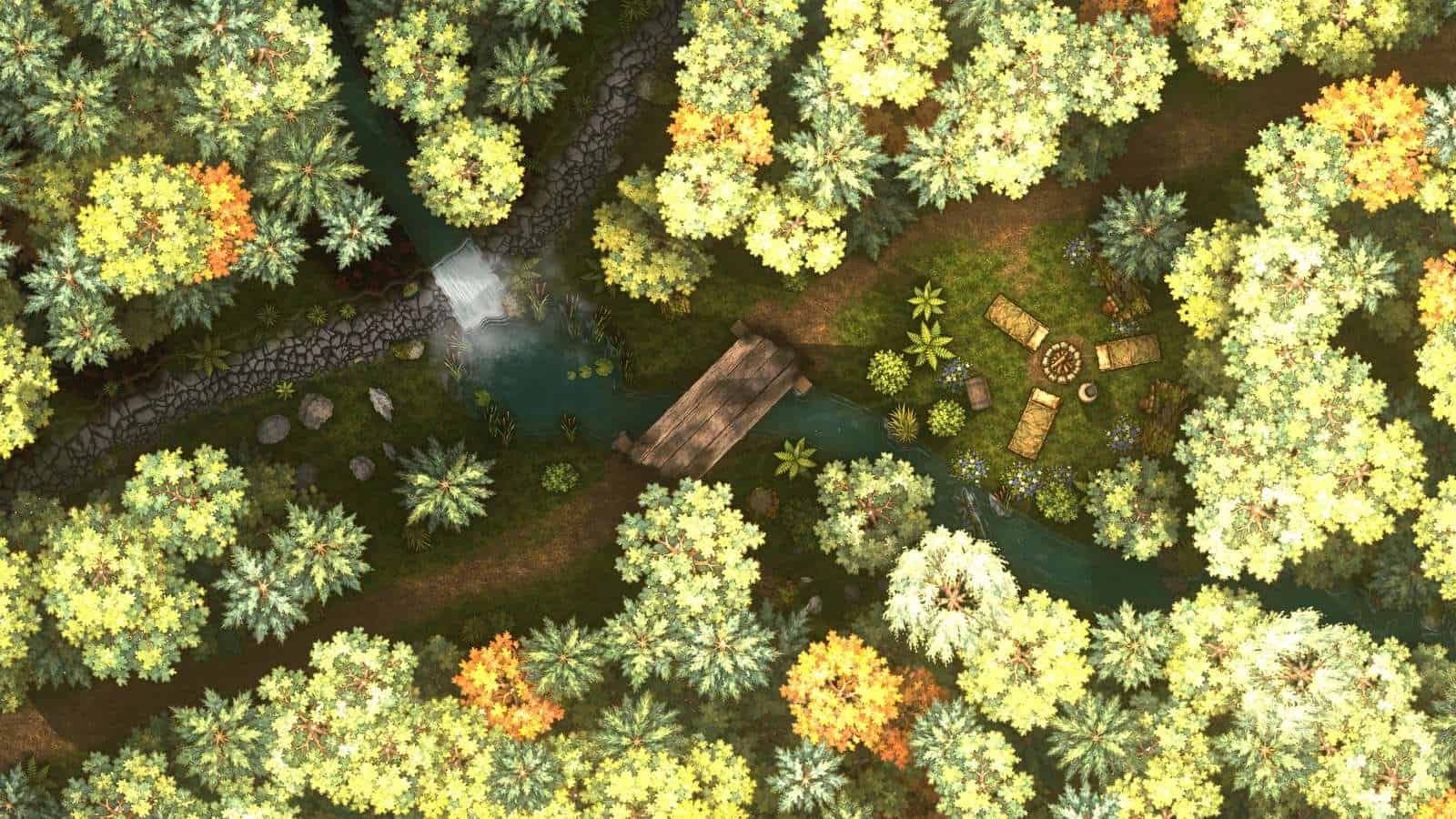 Forest battle map for D&D with a path, stream and clearing