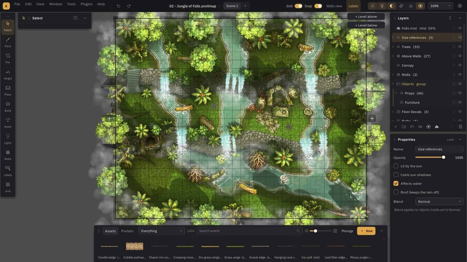 Ink Hammer battle map maker with a jungle waterfall map open