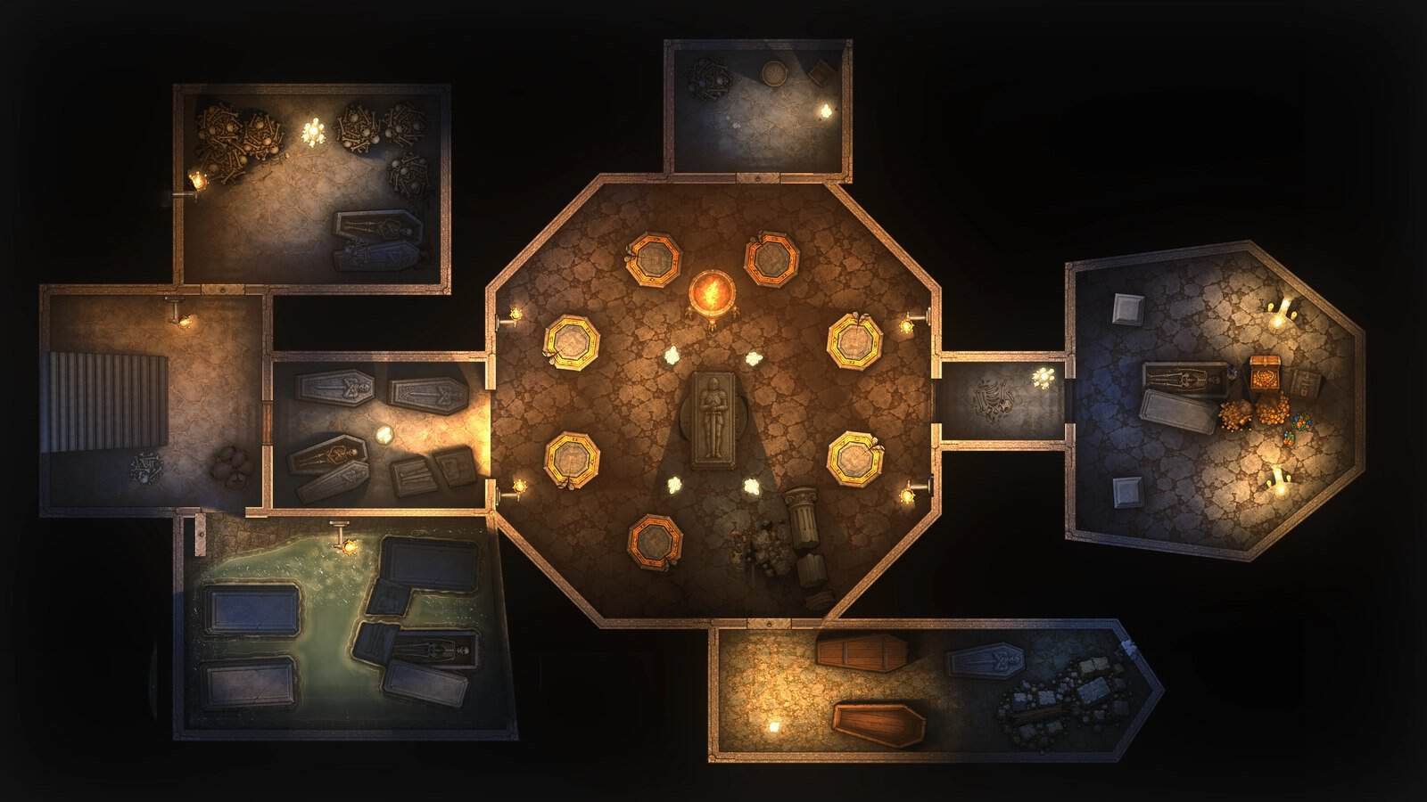 Lit dungeon battle map with torches, a brazier and shadows