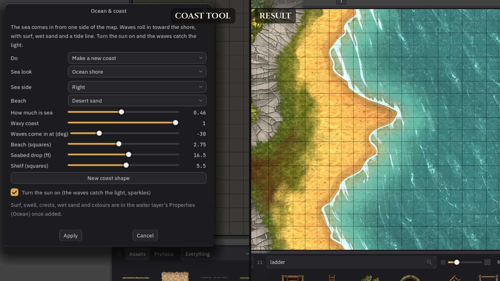 Painting surf and sand on a beach battle map with the ocean and coast plugin