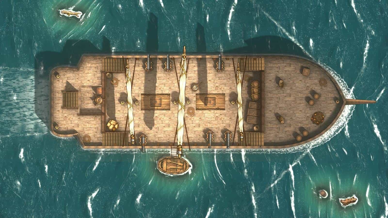 Pirate ship battle map for D&D with masts, cargo and open sea