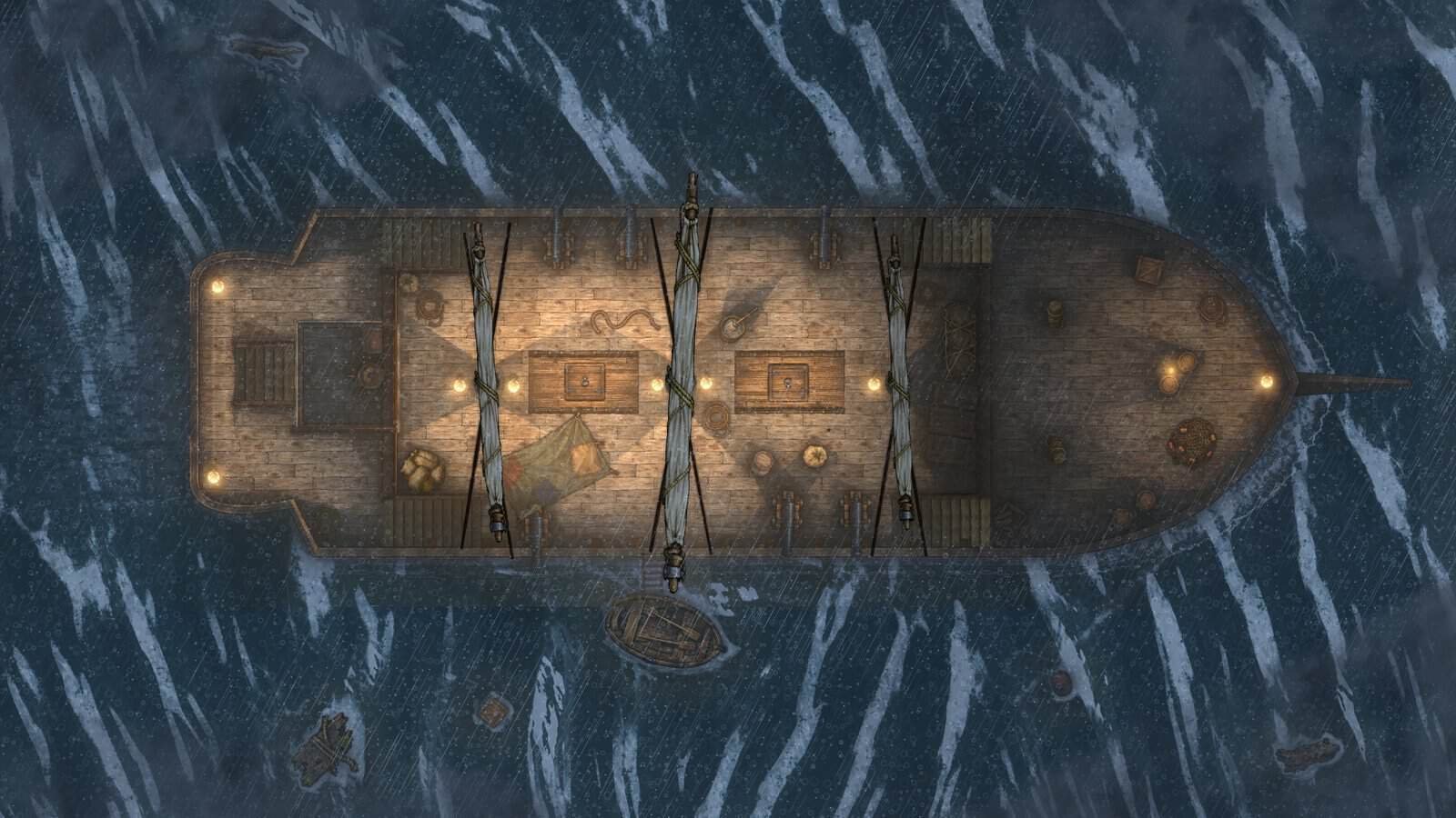 Ship battle map at night in a storm with lanterns on deck