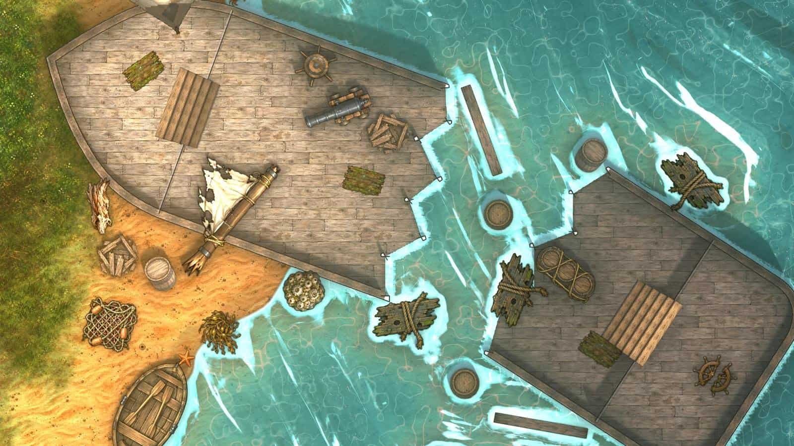 Beach battle map with a shipwreck for D&D