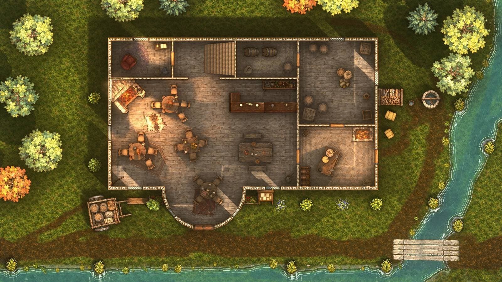 Tavern battle map for D&D, ground floor with bar and hearth