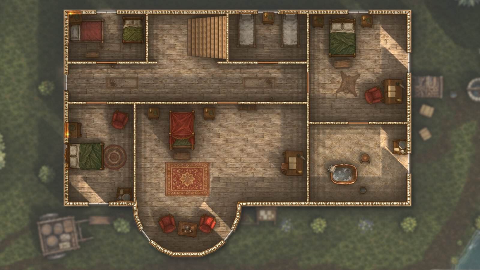 Upper floor of a tavern battle map with guest rooms
