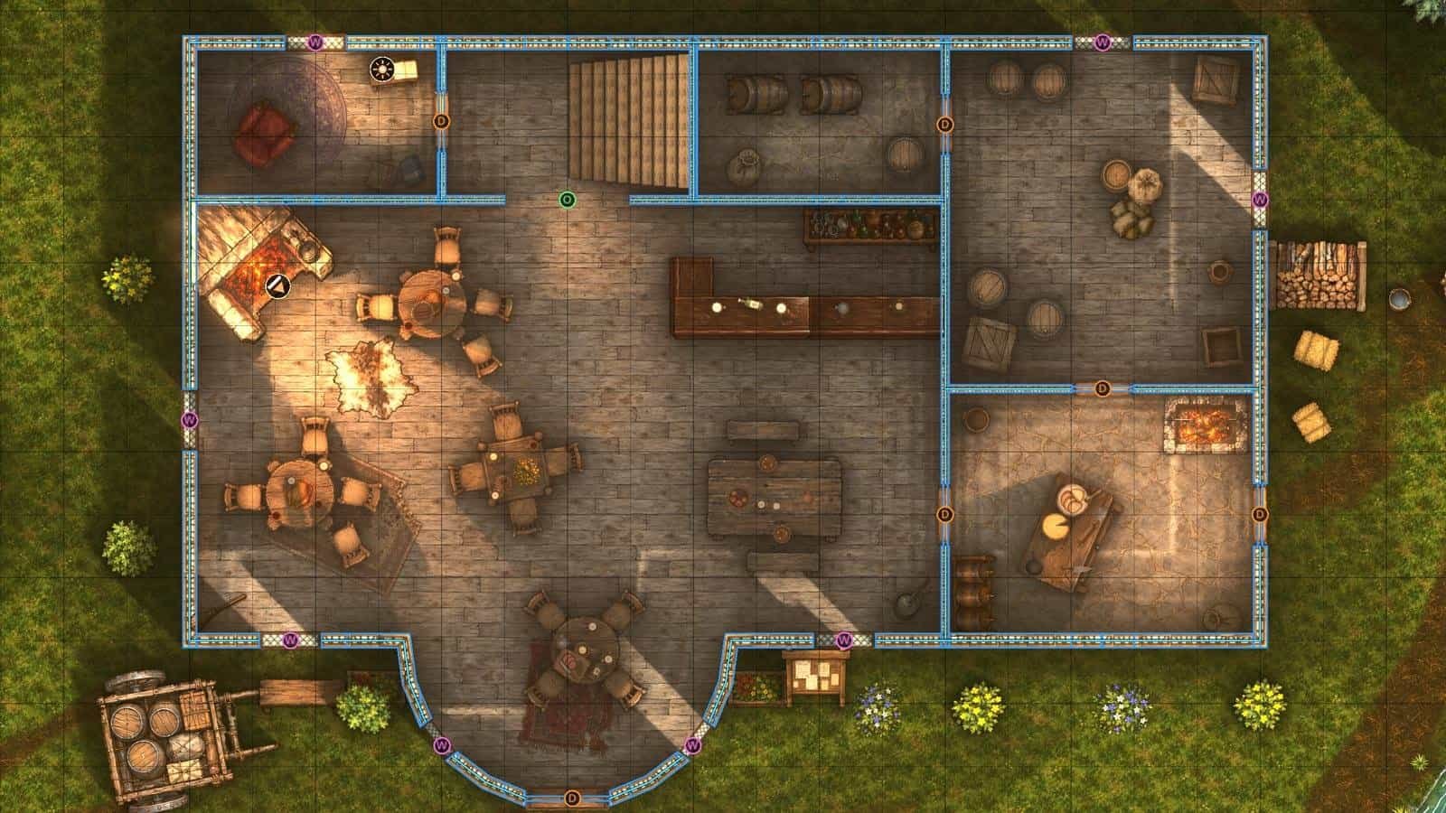 VTT walls and doors over a tavern battle map in Ink Hammer